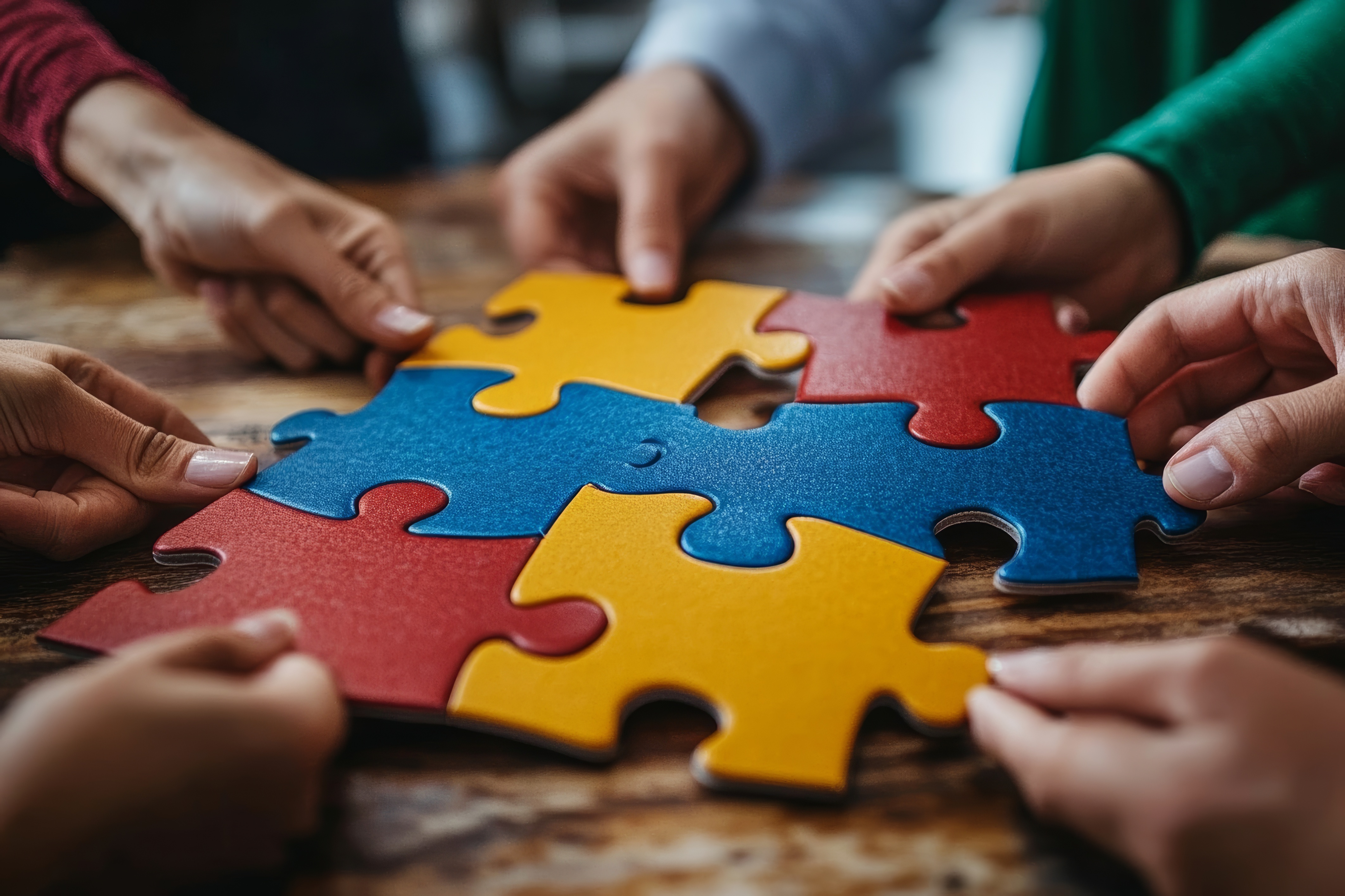 Concept of teamwork and partnership. Hands join puzzle pieces in the office. business people putting the jigsaws team together.Charity, volunteer. Unity, team, Generative AI