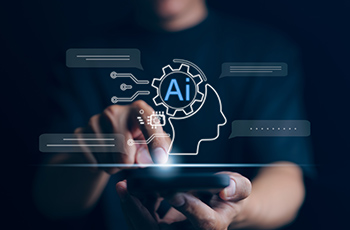 Man using technology smart robot AI, Ai technology, Artificial Intelligence. artificial intelligence by enter command prompt for generates something, Futuristic technology transformation. Chat bot ai,