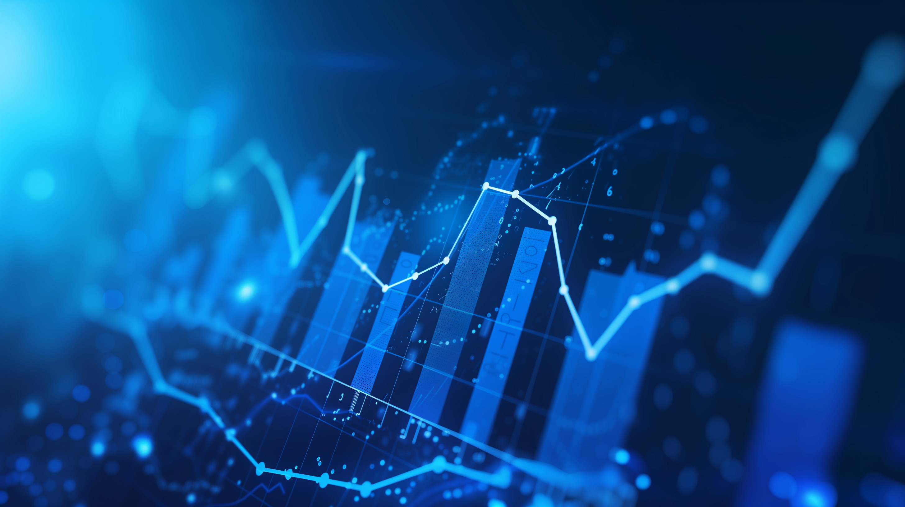Abstract glowing big data forex candlestick chart on blurry city backdrop. Trade, technology, investment and analysis concept