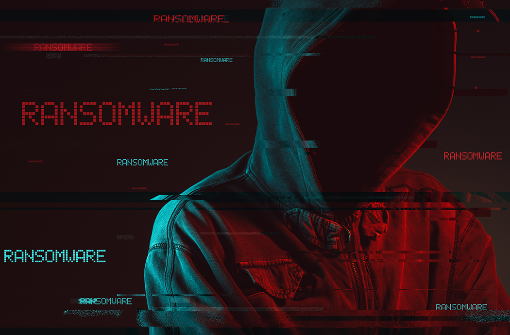 Ransomware concept with faceless hooded male person, low key red and blue lit image and digital glitch effect