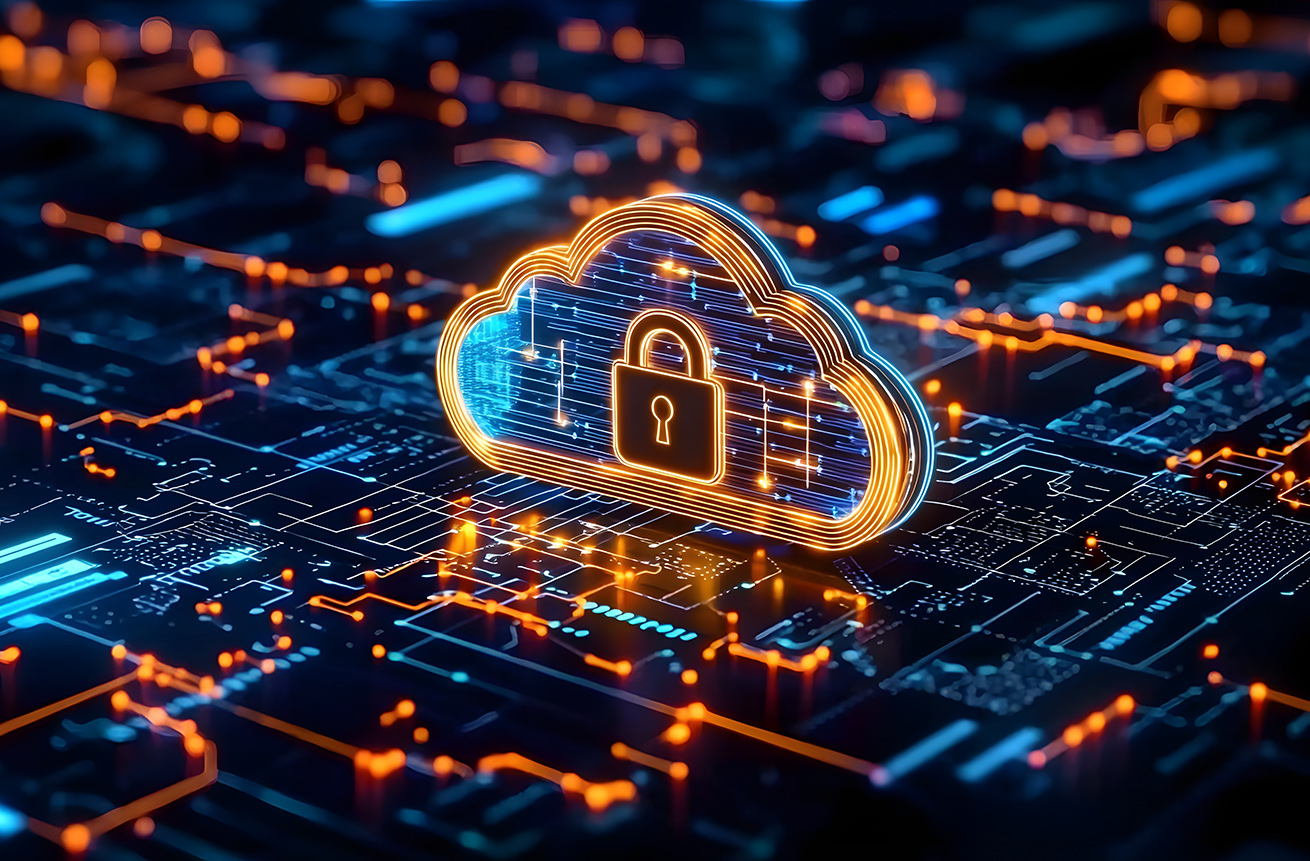 A modern representation of cybersecurity with a luminous cloud icon and a padlock in the middle highlighted by vibrant orange and blue lights intricate circuits and digital data effects all on a dark
