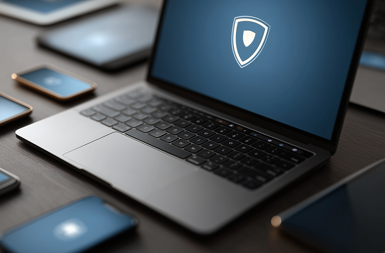 Laptop with shield icon on screen surrounded by small endpoint d