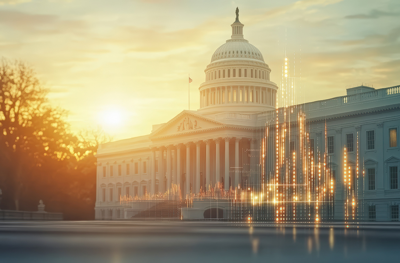 The image shows the U.S. Capitol building at sunset with digital graphs, symbolizing a blend of politics and advanced technology.