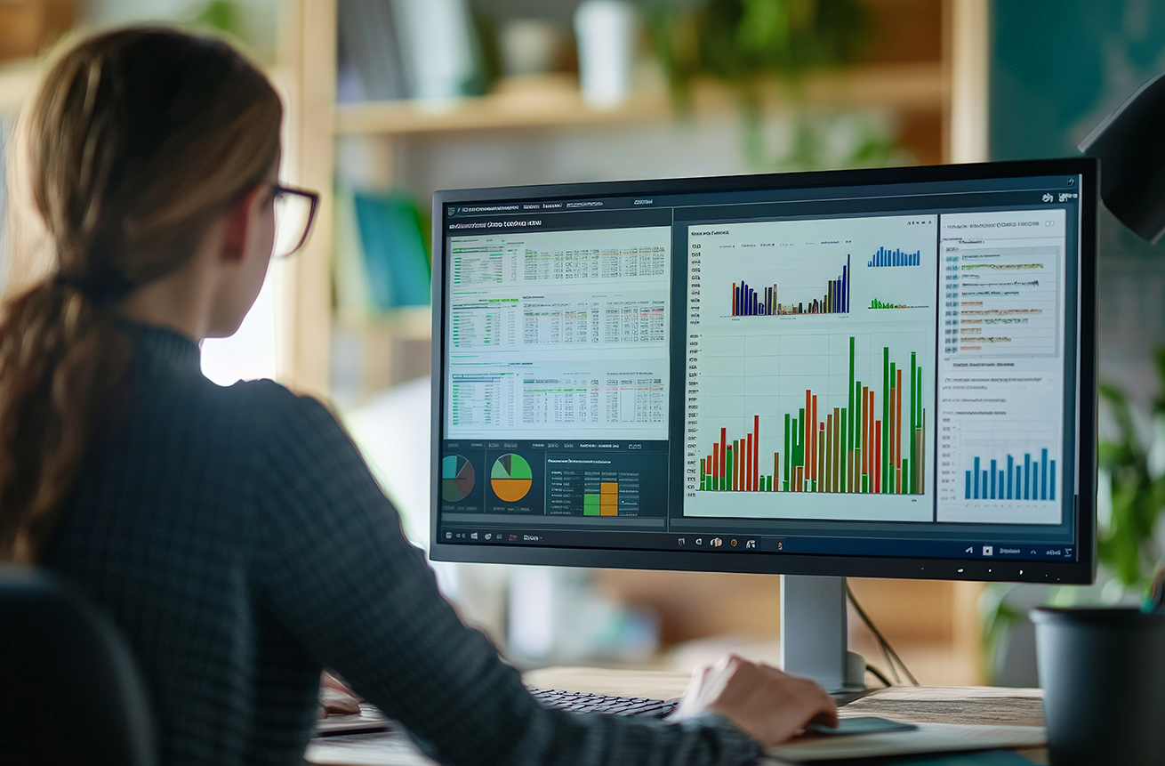 Female analyzing data on computer in modern office with charts and graphs displayed