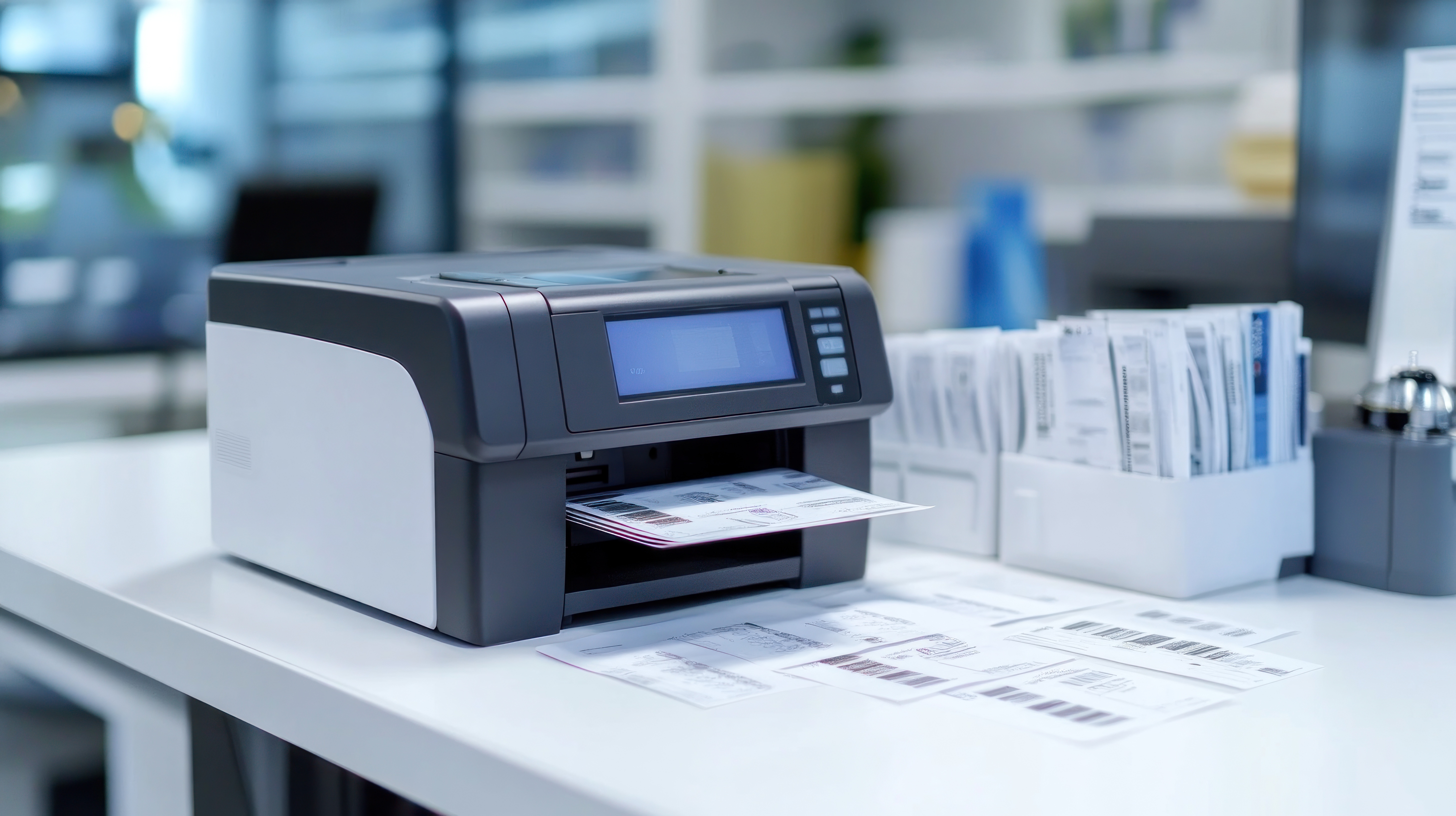 A thermal printer sitting on a clean white surface, surrounded by printed labels and receipts, isolated to showcase its versatility --ar 16:9 --v 6.1 Job ID: 701f904e-b857-4f4f-89d5-8663591d5da3