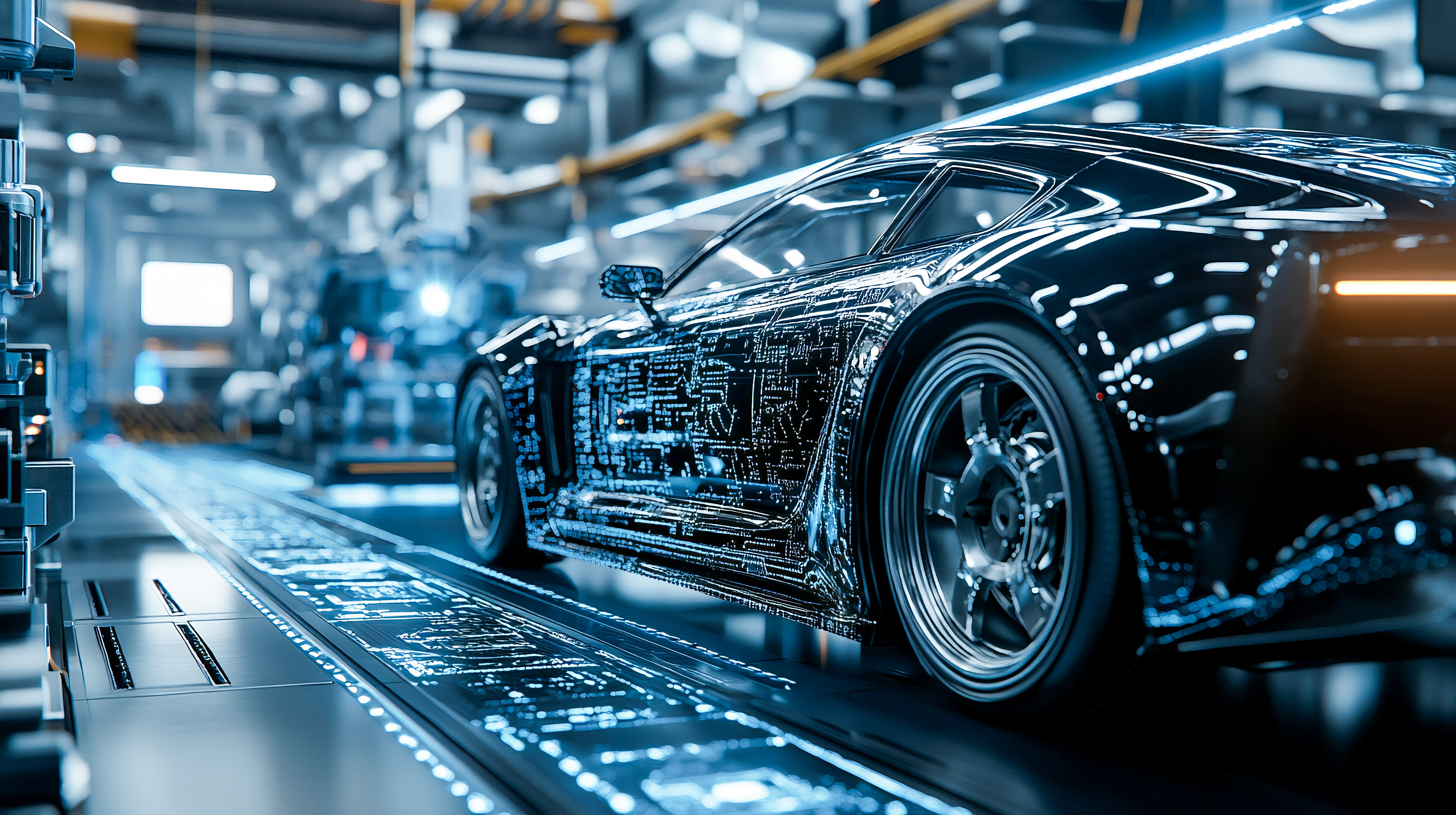 Digitalization concept in the car factory industry with automated robot arm assembly lines manufacturing high-tech green energy electric vehicles AI computer vision analyzes and scans