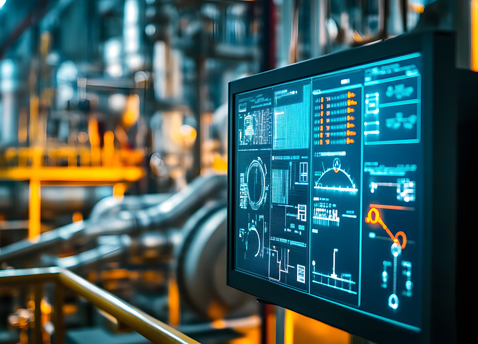 A close-up of an industrial control screen displaying various data metrics and graphs, showcasing advanced technology in a factory environment. Ideal for technology and industry themes.