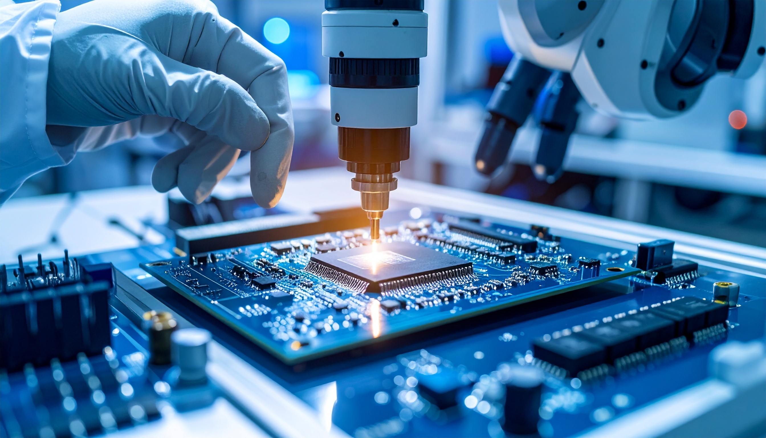 A robotic hand working on microchip assembly, representing precision and automation in future electronics manufacturing