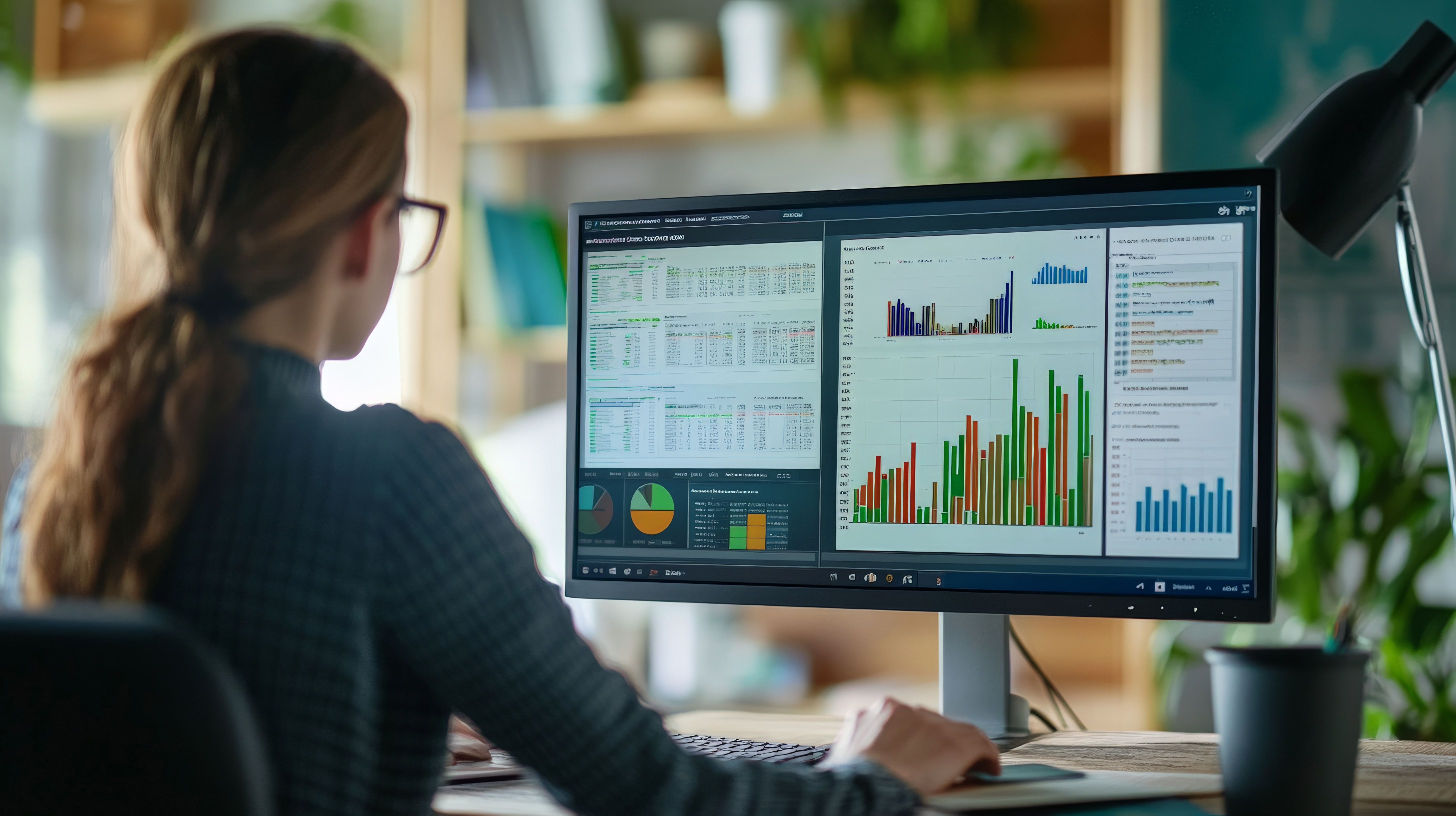 Female analyzing data on computer in modern office with charts and graphs displayed