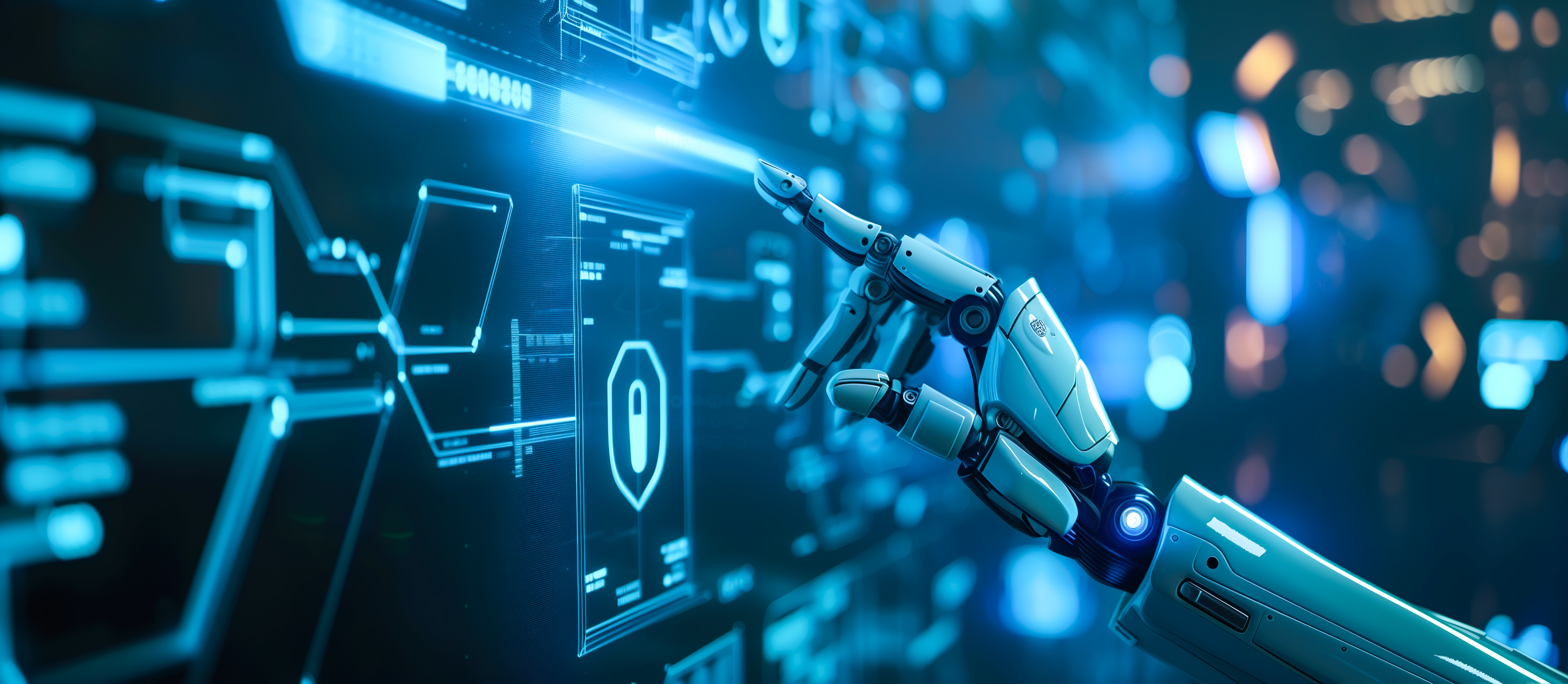 A robot hand points towards a holographic display showcasing cyber security symbols. The intersection of Artificial Intelligence, cyber security, and global communication technology. Generative AI.