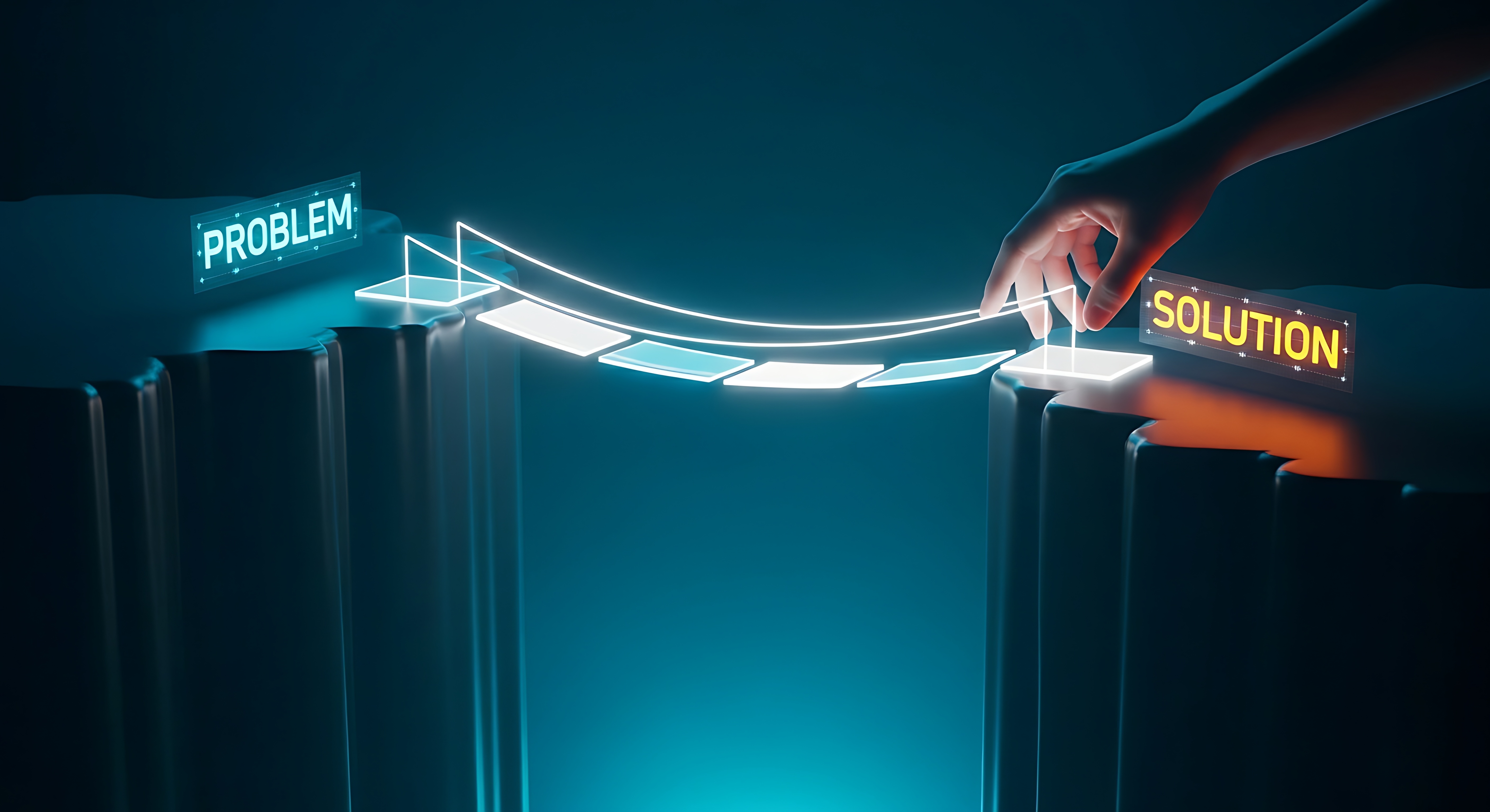 Bridge building and problem-solving concept. A hand completes the final segment of a holographic light bridge connecting "Problem" to "Solution."