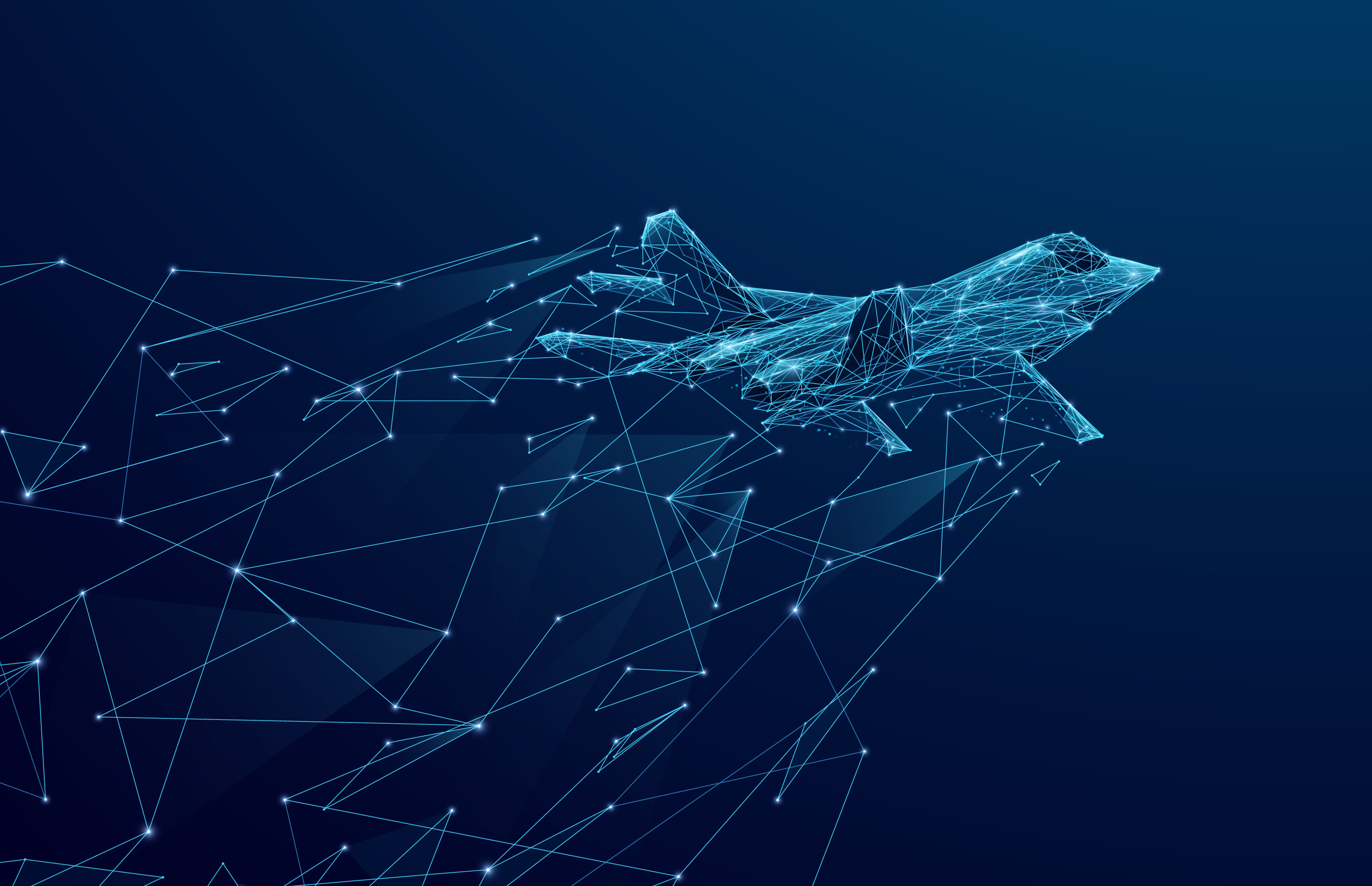 Abstract fighter jet. Digital military supersonic airplane. Technology innovation speed concept. Abstract wireframe aircraft consist of connected dots. Tech background. Vector futuristic illustration.