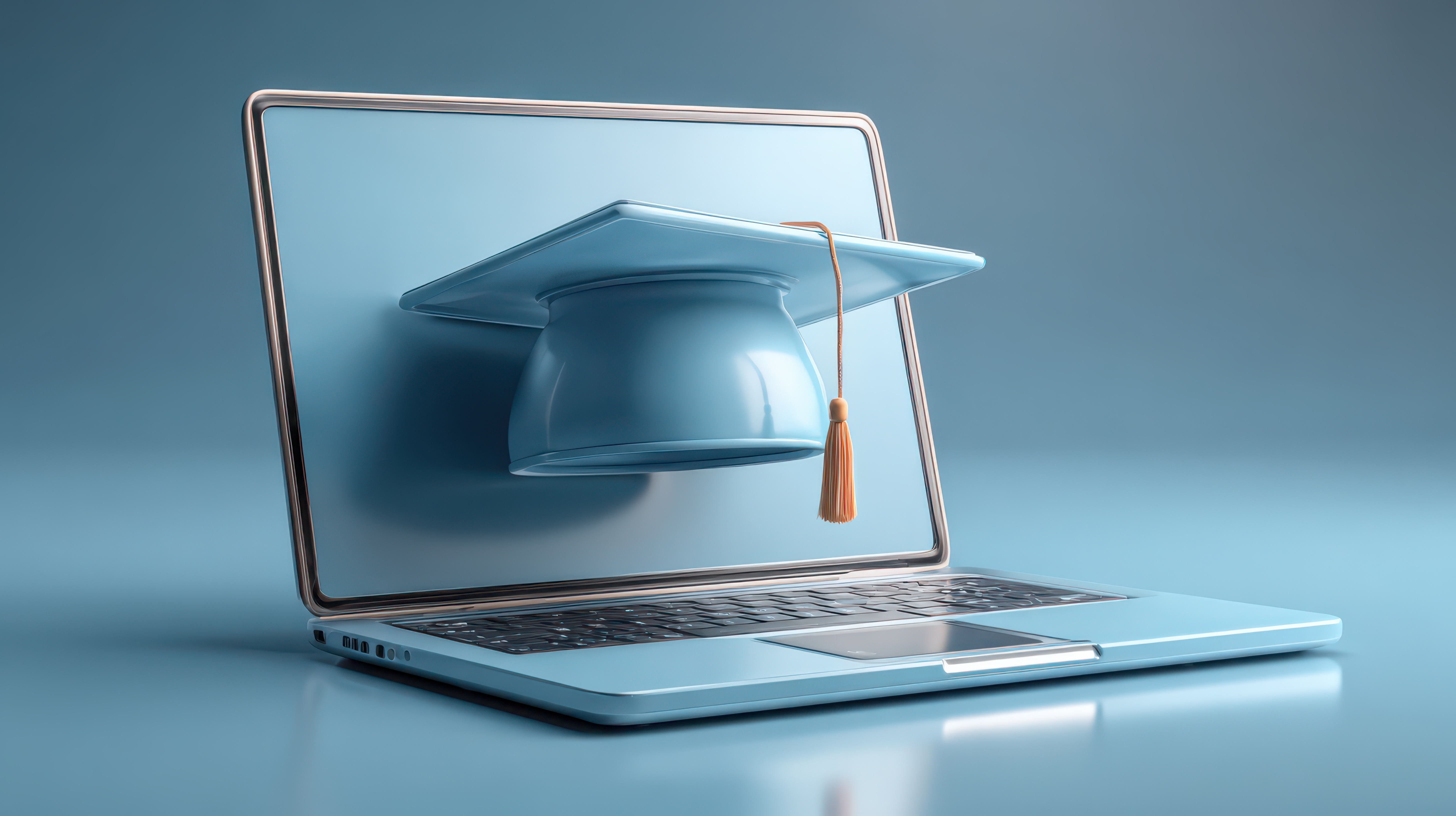 This image portrays a modern laptop featuring a graduation cap, symbolizing the rise of online education. It captures the essence of learning in the digital age.