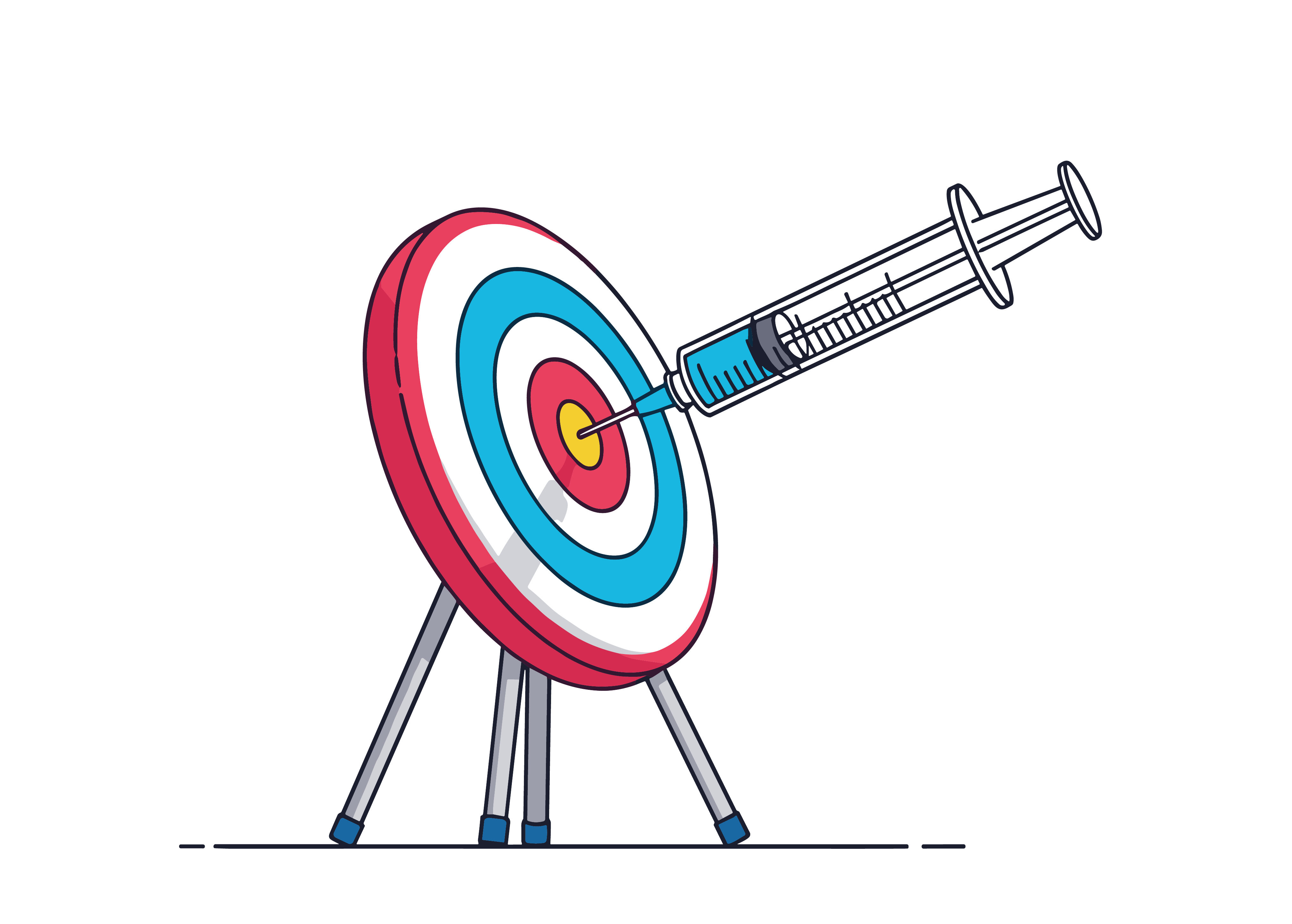 Medical syringe with blue liquid hitting the center of a colorful target bullseye to represent successful vaccination or healthcare goals.