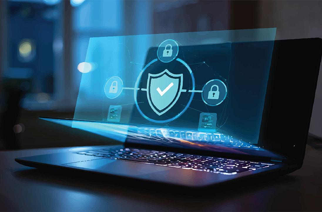 Holographic digital security shield and network icons projected