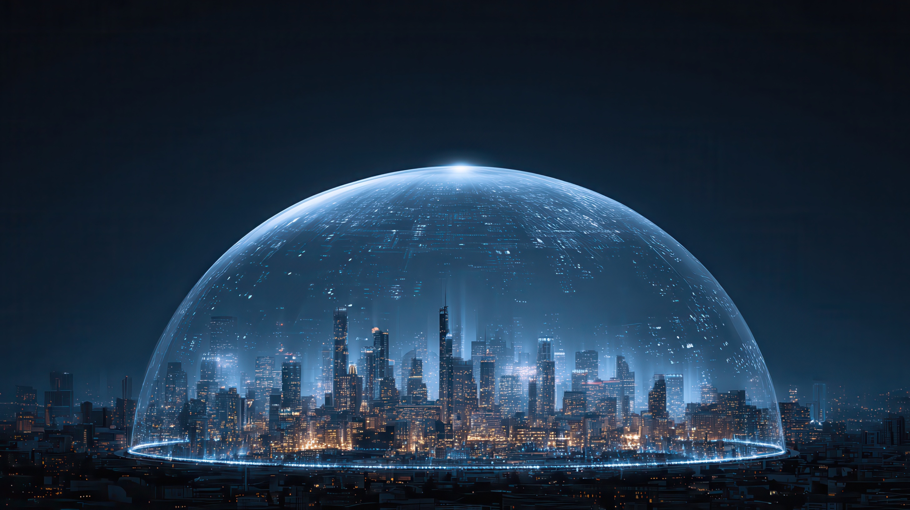 A virtual city shielded by a dome