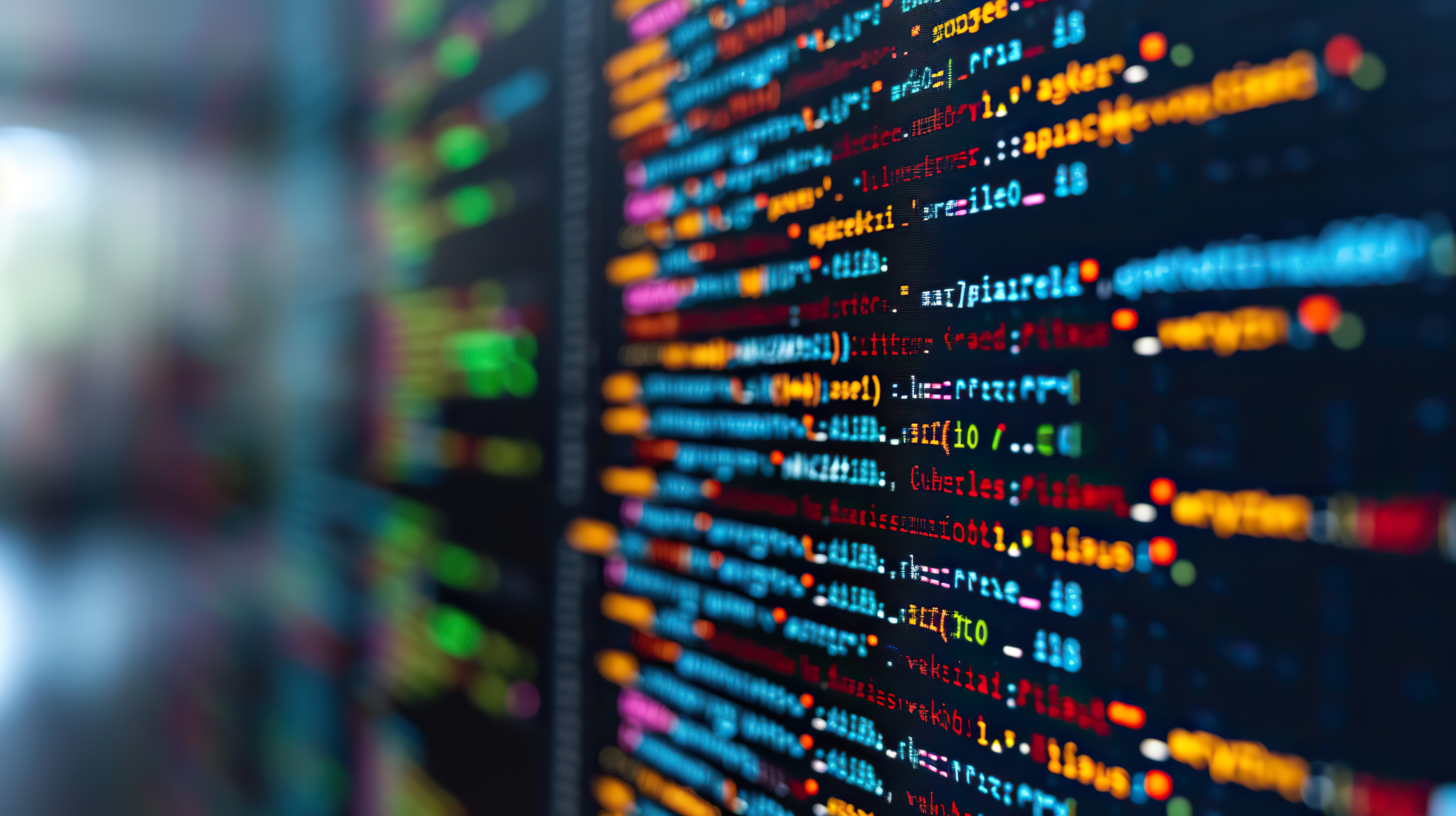 Vibrant source code displayed across multiple computer monitors in a dark room, highlighting software development and programming.