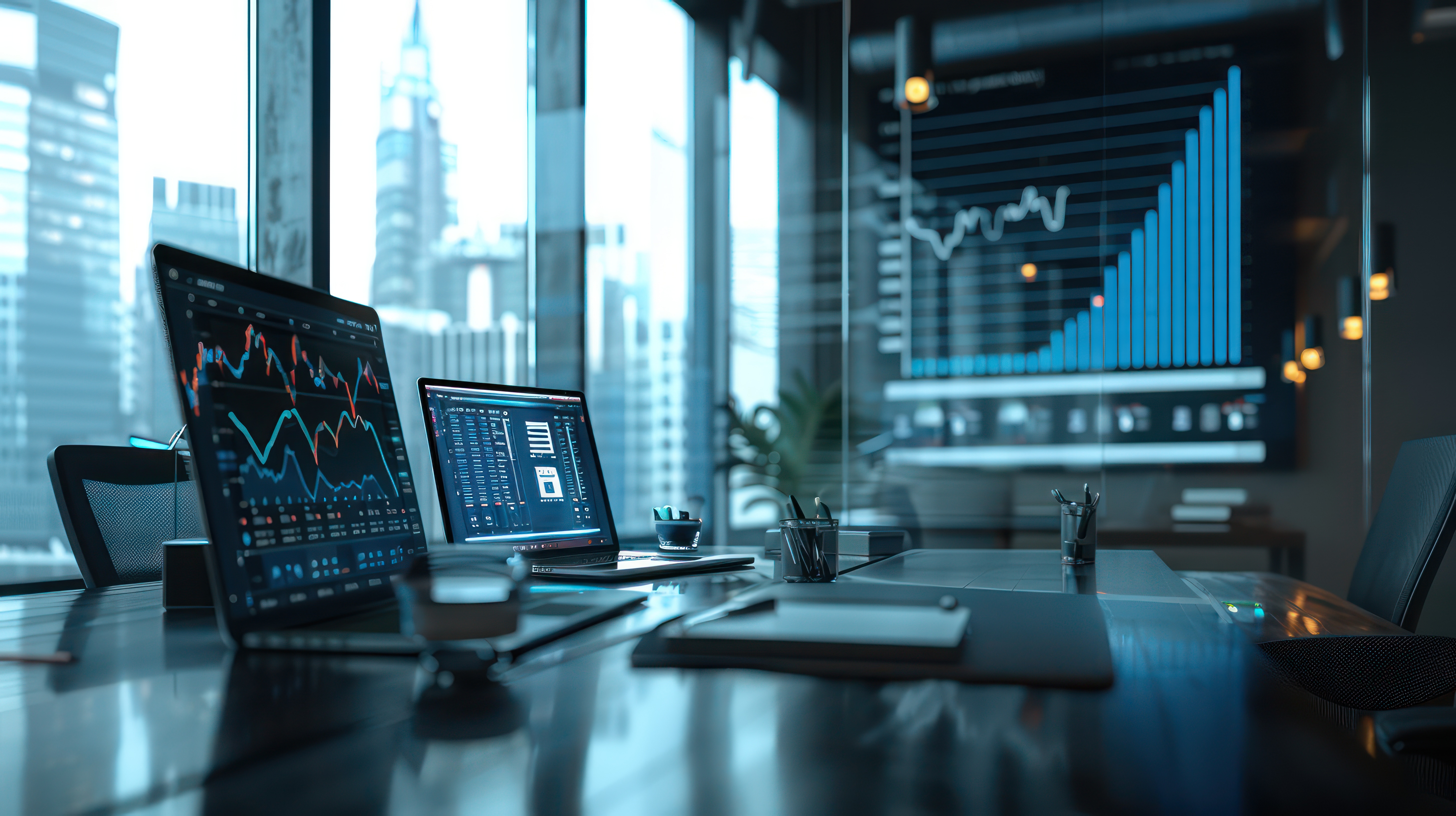 digital financial services office where advisors use AI to analyze clients' portfolios and provide real-time investment advice