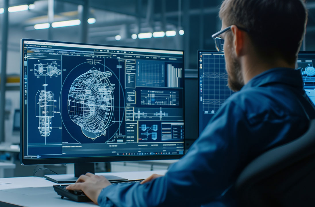 Over the shoulder shot of engineer working with cad software on desktop computer, screen shows technical details and drawings. in the background engineering facility specialising on industrial design. coders. Ultra realistic. Photorealistic