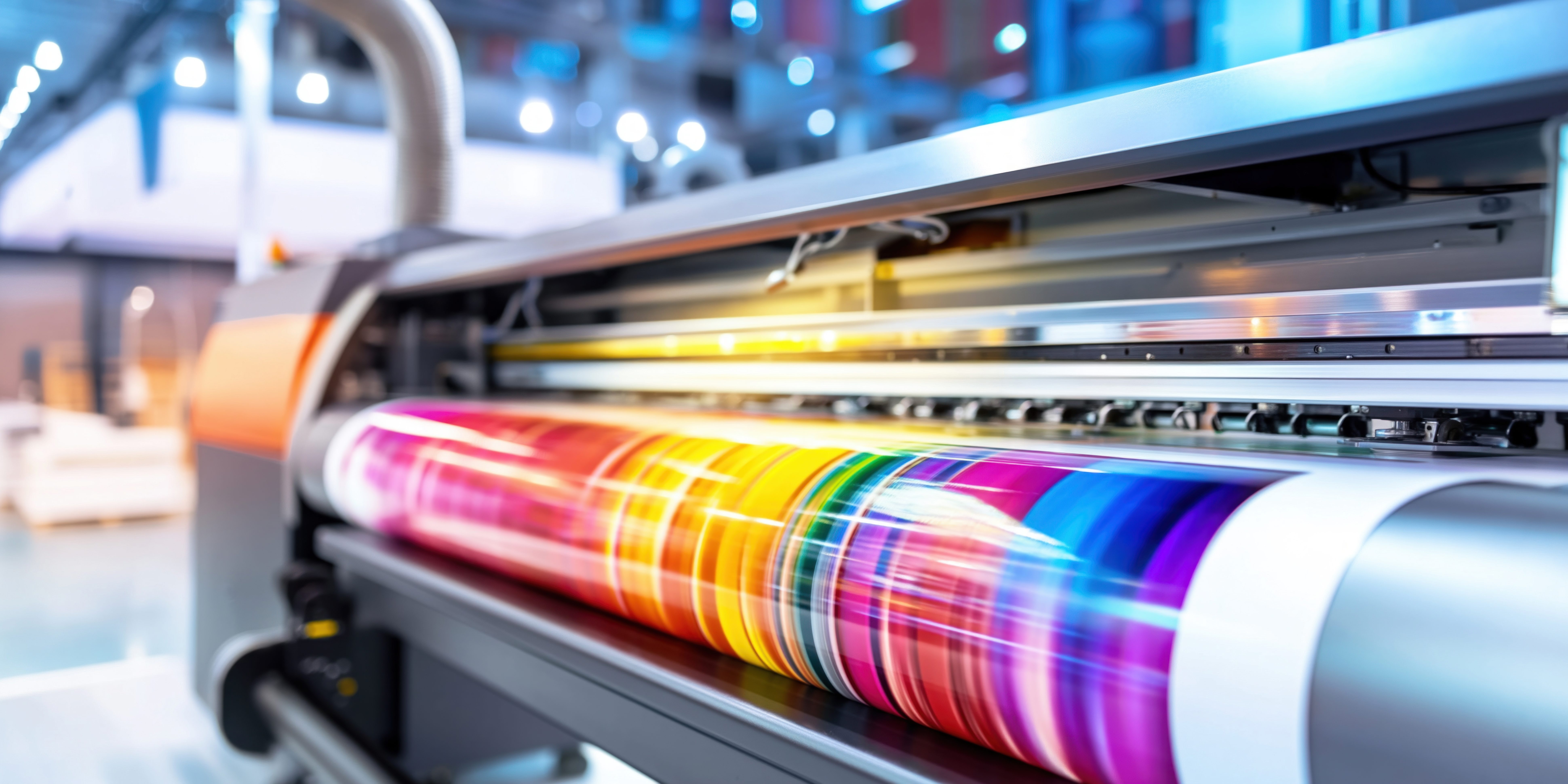 Close-up view of a modern digital printer in action, creating detailed, multicolored designs on a continuous roll of material