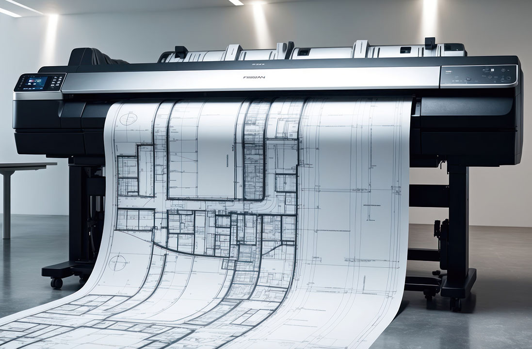 Large-format printer displaying architectural blueprints in a modern office setting, emphasizing technology and design workflow.