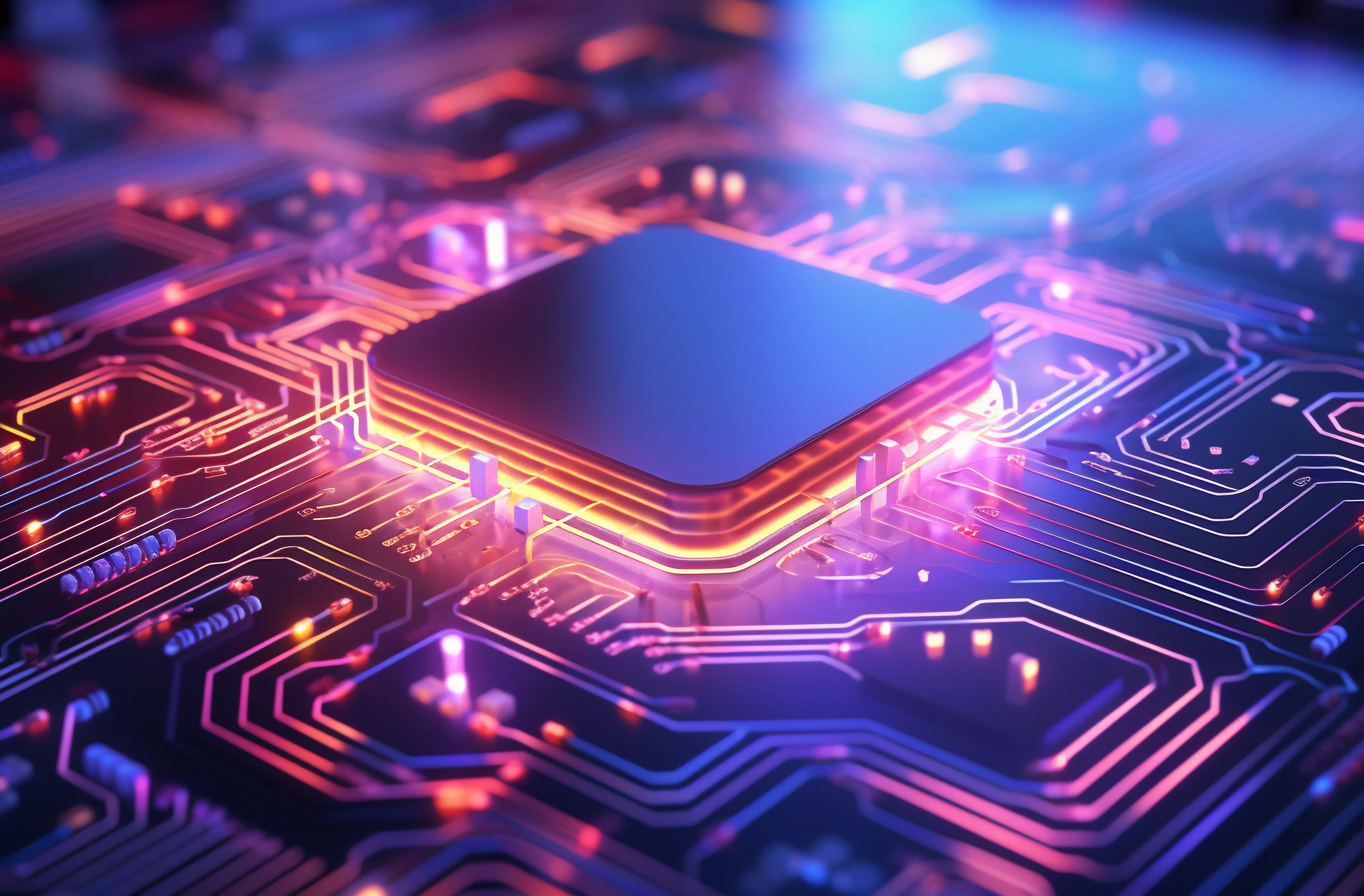 A dazzling 3D rendering of a microchip, electron paths visible,